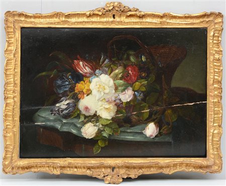 Maestro francese del secolo XIX, "Fiori" olio su tavola (cm 40x58). In...