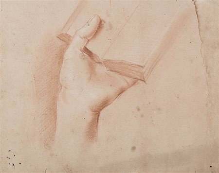 Artista del secolo XVIII "Studio di mano con libro" matita rossa e gessetto...