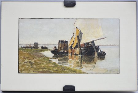 F.Fragiacomo "Laguna con barche" dipinto ad olio (cm 16x29)Firmato in basso a...