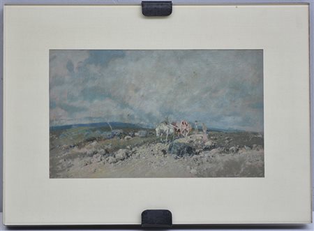 Ignoto "Paesaggio con carretto e figure" dipinto ad olio (cm 14,5x24,5) In...