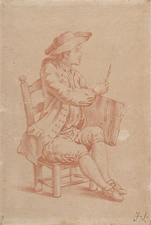 Artista francese del secolo XVIII "Artista seduto" litografia incollata al...