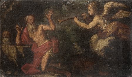 Ignoto del secolo XVIII ''San Gerolamo e Angelo'' olio su tela (cm 14x28) In...