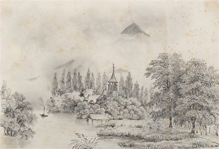Artista del secolo XIX "Paesaggio con fiume" matita su carta applicata su un...