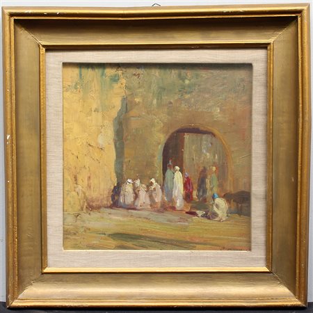 Giorgio Oprandi (Lovere 1883 - 1962)"Porta orientale con figure" olio su tela...