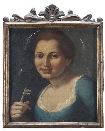 Scuola romana del secolo XVIII, "Figura popolare femminile con chiave" olio...