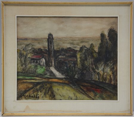 A. Gabardi "Paesaggio campano con campanile" olio su tela (cm 50x60) firmato...