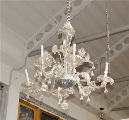 Manifattura di Murano, lampadario a sei braccia in vetro incolore (h cm 105,...