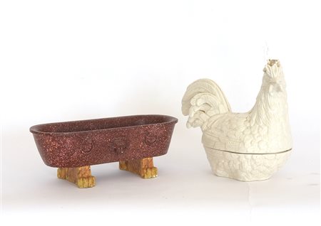 Lotto composto da vasca in terracotta decorata a finto porfido e una scatola...