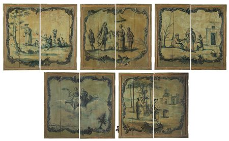 Scuola veneta, secolo XIX "Allegorie" gruppo di cinque pannelli divisi in...