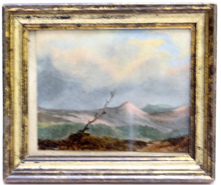 Firma indecifrata "Paesaggio con montagne sullo sfondo" olio su cartone (cm...