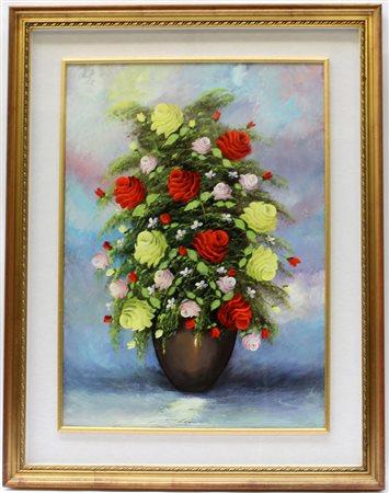 Lotto di tre dipinti raffiguranti un vaso con fiori, un cascinale e un nudo...