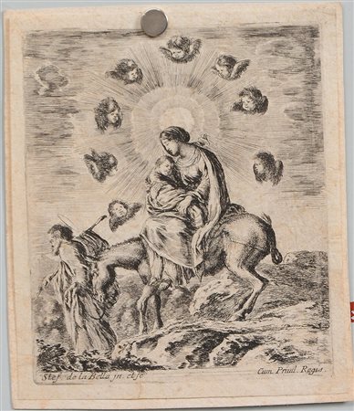 Stefano della Bella (Firenze 1610-1664) "Fuga in Egitto" acquaforte applicata...