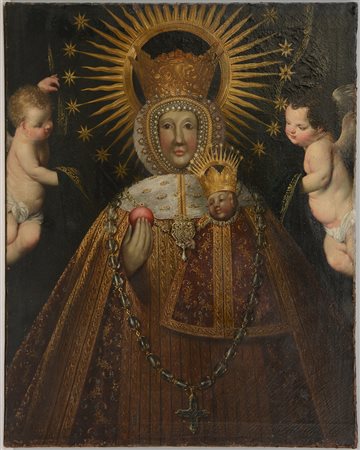 Scuola di Cuzco del secolo XVII "Madonna col Bambino e putti" olio su tela...