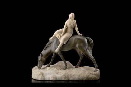 Firma indecifrata inizio secolo XX "Figura a cavallo" gruppo in bronzo e...