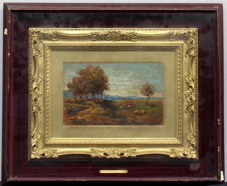 Ignoto "Paesaggio con alberi" dipinto ad olio (cm 15x24) Firmato in basso a...