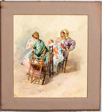 E. Dalbono "Donne con bambino" tecnica mista su carta (cm 31x28) Firmato in...