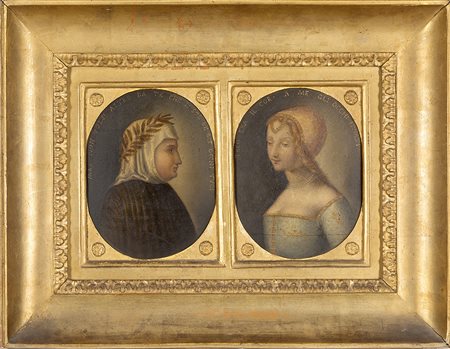 Scuola dell'inizio del secolo XIX ''Laura e Petrarca'' coppia di dipinti ad...