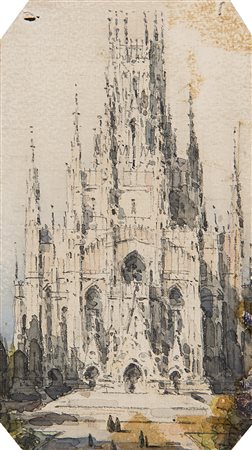 Artista del secolo XIX "Veduta di cattedrale" acquerelli su tracce di matita...