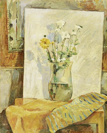 Sandro Biazzi, Milano 1898 - Roma 1947, Interno con vaso di fiori, Olio su...