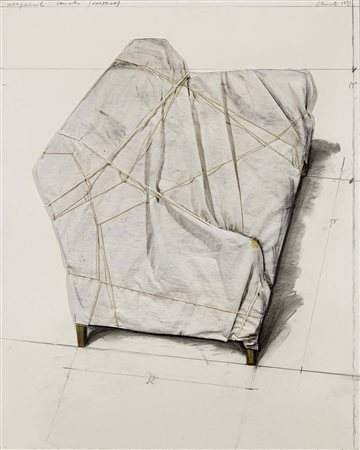 Christo, Gabrovo 1935, Wrapped Couch (Project), 1973, Tecnica mista su...