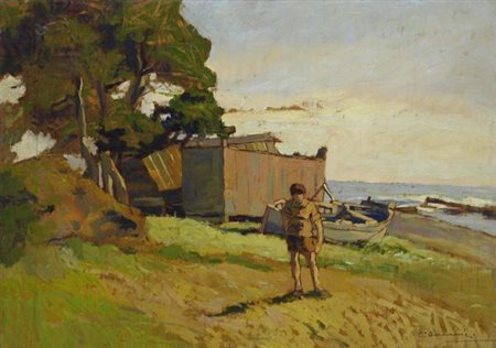 Carlo Domenici (Livorno, 1898 - 1981) Ragazzo sulla spiaggia Olio su...