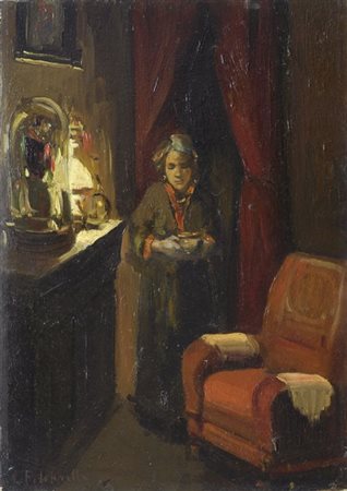 Cafiero Filippelli (Livorno, 1889 - 1973) Figura in un interno Olio su...