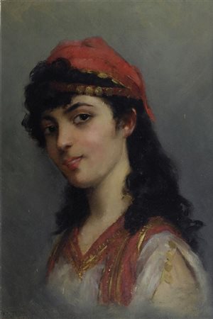 Edoardo Tofano (Napoli, 1838 - Roma, 1920) Ragazza Olio su tavola, cm....