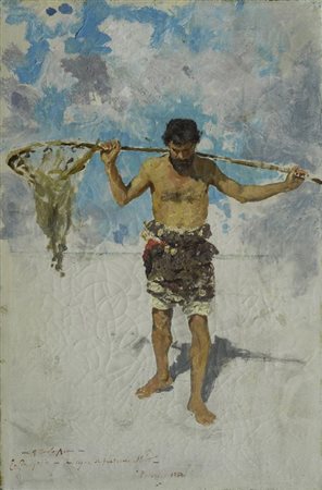 Ettore De Maria Bergler (Napoli, 1850 - Palermo, 1938) Pescatore, 1884 Olio...