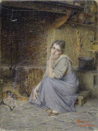 Filadelfo Simi (Levigliani, 1849 - Firenze, 1923) Ragazza al focolare Olio su...