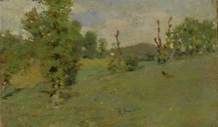 Raffaello Sorbi (Firenze, 1844 - 1931) Paesaggio Olio su tavola, cm. 4x7,4...