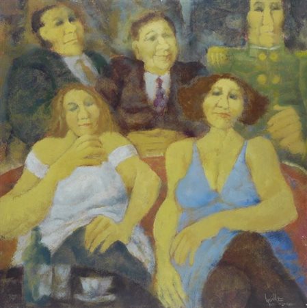 Remo Squillantini (Stia, 1920 - 1996) Salotto Olio su tavola, cm. 60X60...