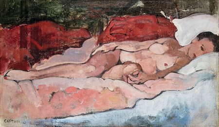 ITALO CREMONA Nudo sul letto, 1932 Olio su tela applicata su tavoletta, 30 x...