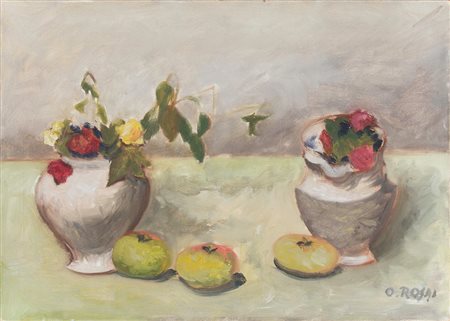 Ottone Rosai (1885 - 1957), Vasi e frutta, 1954 ca olio su tela, cm 50x69,7...