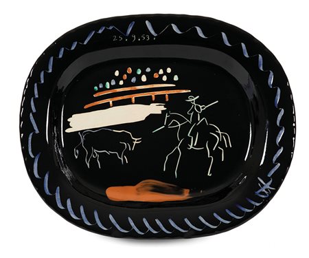 Pablo Picasso (1881-1973), Corrida sur fond noir, 1953 piatto in ceramica...