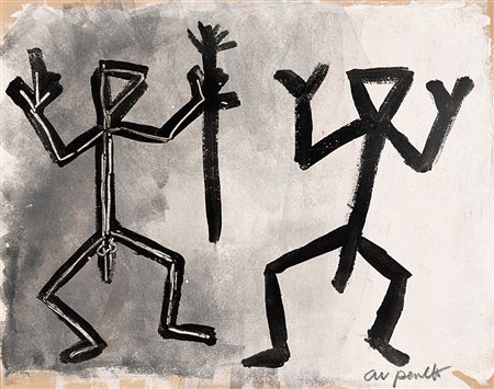 A.R. Penck (1939), Senza titolo,1994, tecnica mista su cartone, cm 28,5x36...