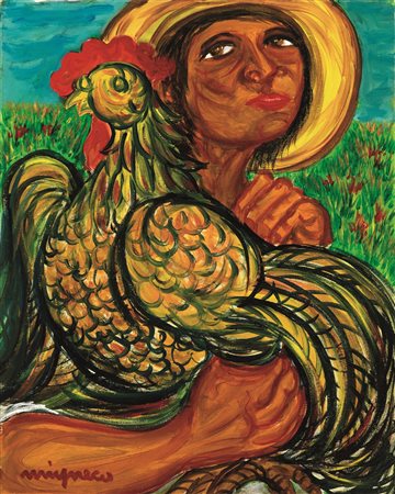 Giuseppe Migneco (Messina 1908 - 1997) DONNA CON GALLO olio su tela, cm 50x40...