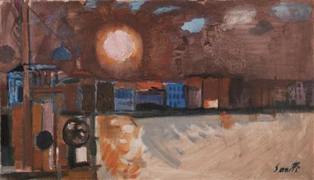 Bruno Saetti (Bologna 1902 - 1984) PICCOLO PAESAGGIO COL SOLE olio su tela,...