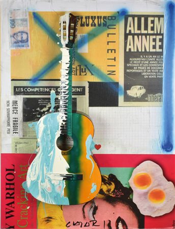 Giuseppe Chiari CHITARRA tecnica mista, collage e chitarra su tavola, cm...