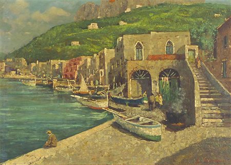 Pittore del XX secolo "Porticciolo sulla costa" cm. 50x70 - olio su faesite...