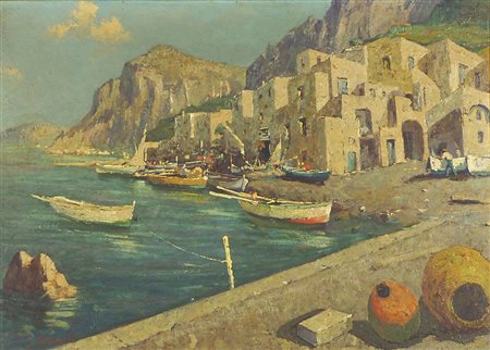 Pittore del XX secolo "Barche al porto" cm. 50x70 - olio su faesite Firmato...