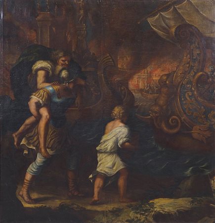 Maestro del XVII secolo "Enea salva il padre da Troia che brucia" cm. 153x145...