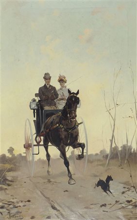 Alfredo Tominz Trieste 1854-1936 "Amanti in carrozza" cm. 58x37 - olio su...