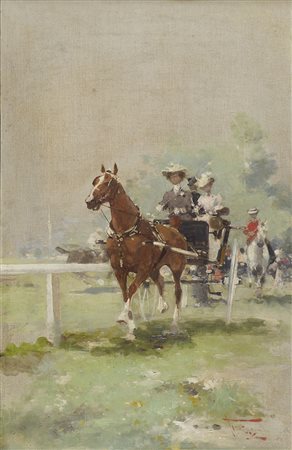 Alfredo Tominz Trieste 1854-1936 "Passeggiata in carrozza" cm. 58x38 - olio...