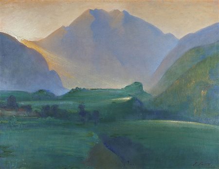 Edgardo Sambo Trieste 1882-1966 "Vallata al tramonto" cm. 75x95 - olio su...