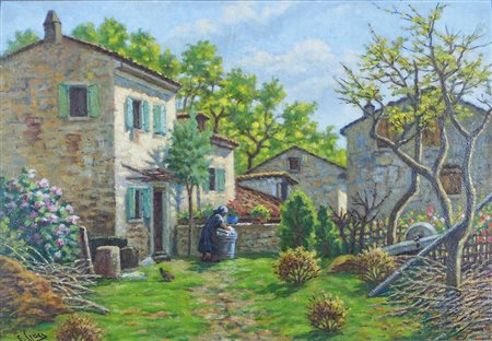 Ernesto Croci Trieste 1857-1943 "Lavori in cortile" cm. 30x44 - olio su...