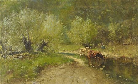 Giuseppe Garzolini Trieste 1850-1938 "Pascolo nel bosco" cm. 39x64 - olio su...