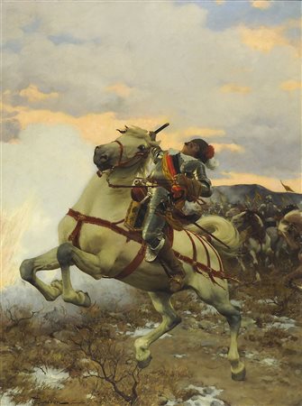 Giuseppe Barison Trieste 1853-1931 "Guerriero a cavallo" cm. 64x48 - olio su...