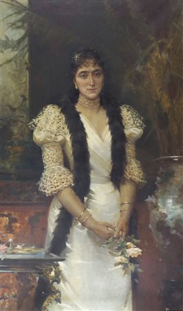 Alfredo Tominz Trieste 1854-1936 "Gentildonna con fiori" cm. 137x82 - olio su...