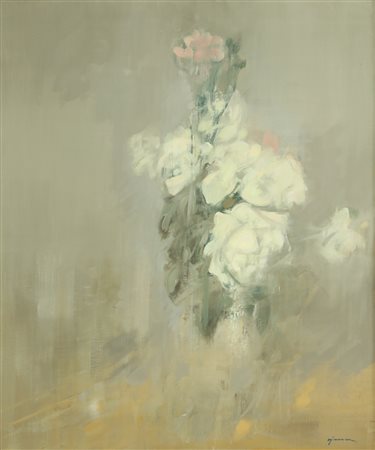 AJMONE GIUSEPPE (1923 - 2005) Rose bianche. Olio su tela . Cm 53,00 x 63,00....