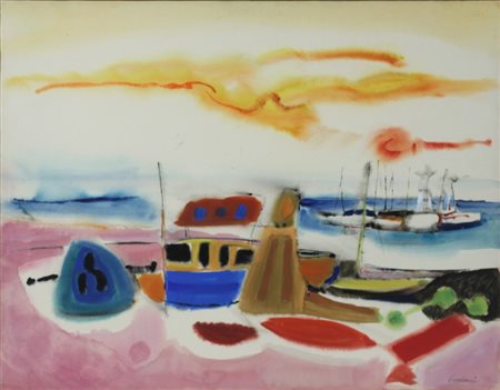 ENRICO PAOLUCCI, Spiaggia e mare, Gouache su carta Anno 1973 Dim.50x65 Al...